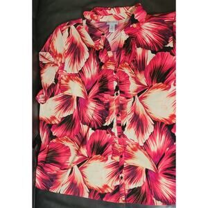 Catherines Womens Plus Sz 3X Floral Button-Up Blouse Short Sleeve Tropical Beach